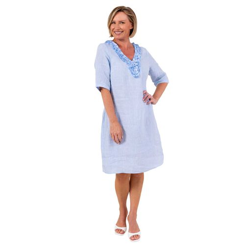 See Saw 100% Linen  Ss Ruffle Front Dress